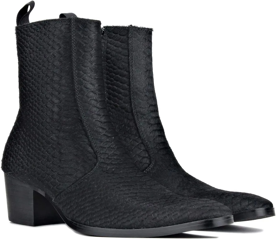 OSSTONE Men Chelsea Ankle Boots Leather Crocodile Print Pony Hair Chukka Boots with Side Zipper Heel Dress Boots JY021-A