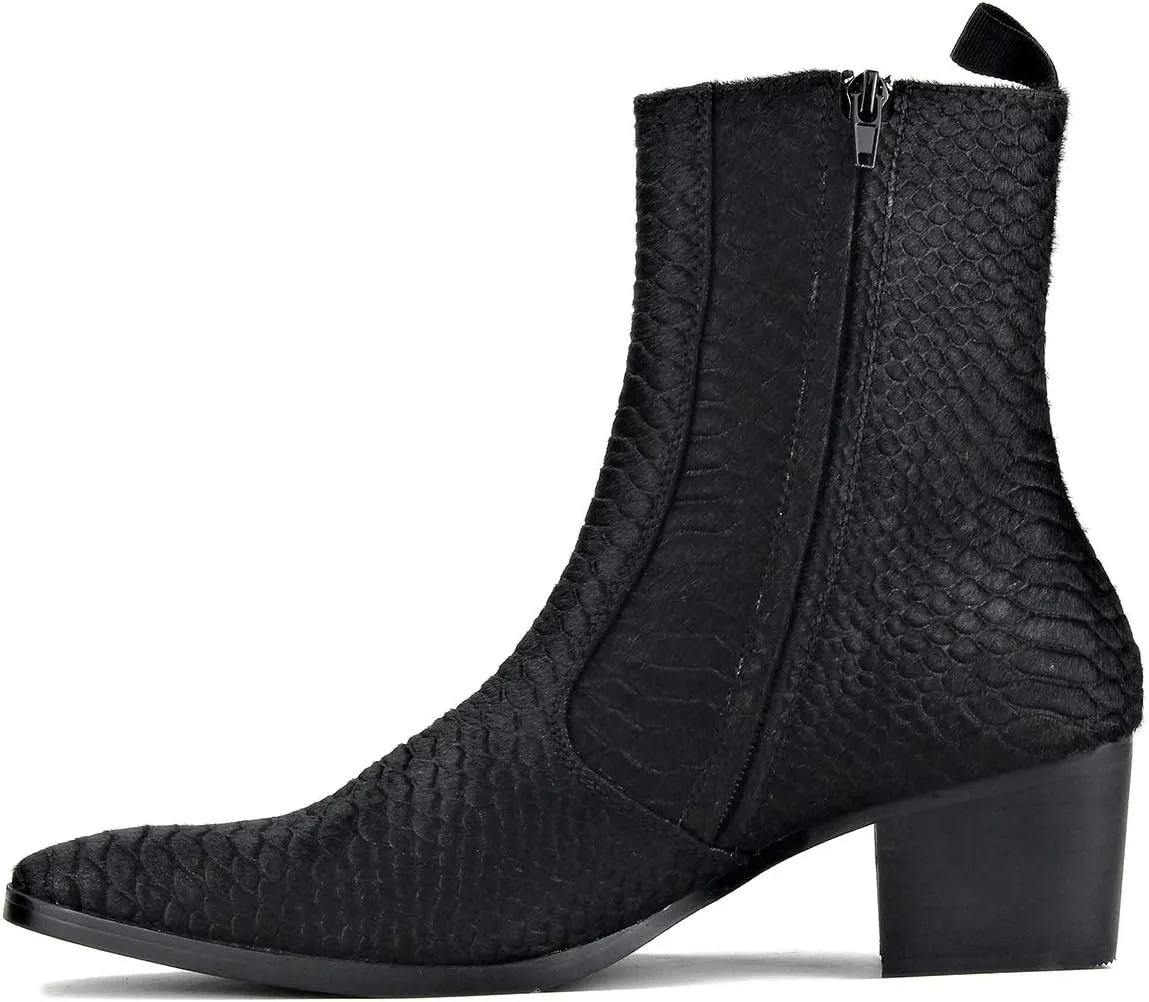 OSSTONE Men Chelsea Ankle Boots Leather Crocodile Print Pony Hair Chukka Boots with Side Zipper Heel Dress Boots JY021-A