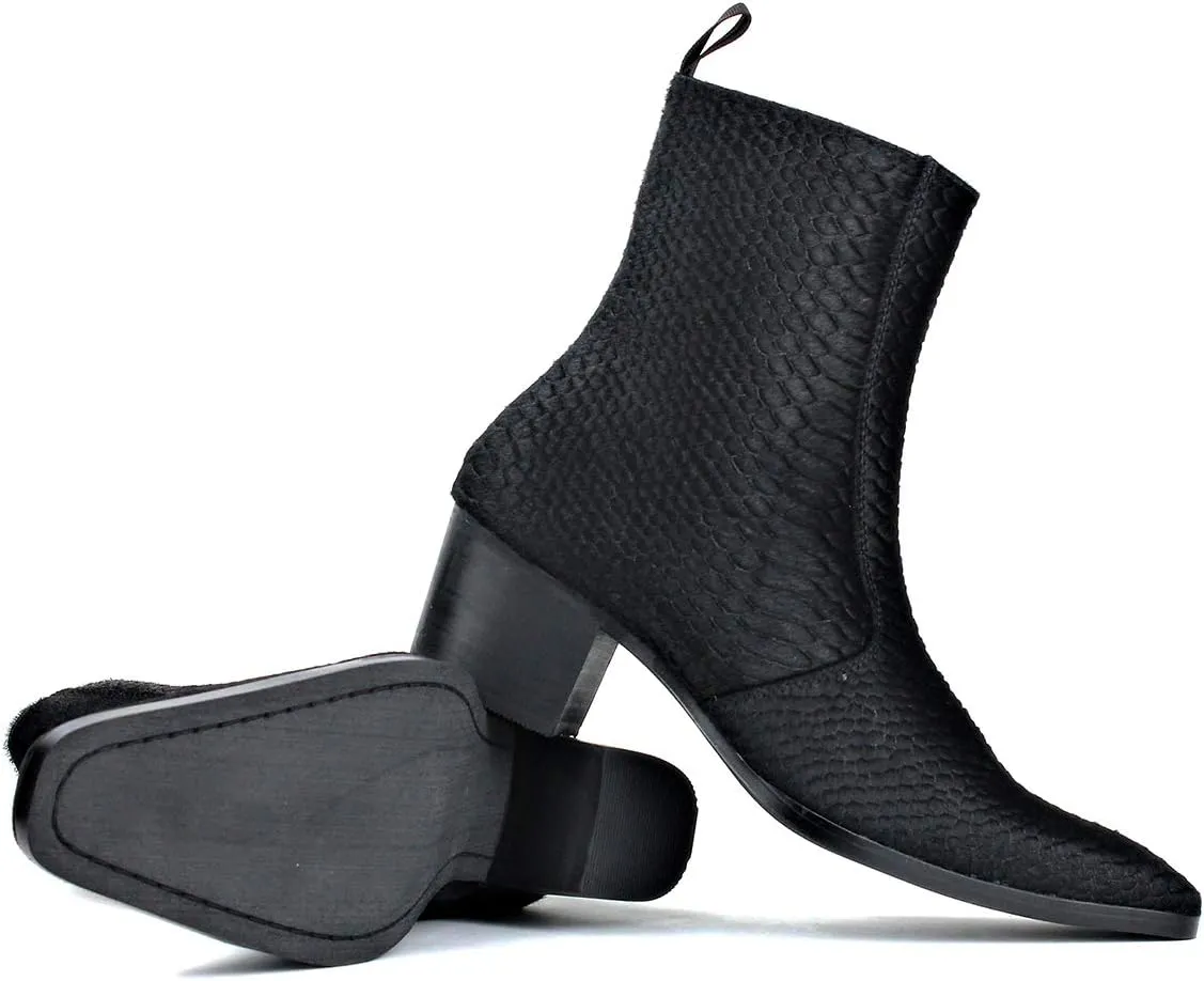 OSSTONE Men Chelsea Ankle Boots Leather Crocodile Print Pony Hair Chukka Boots with Side Zipper Heel Dress Boots JY021-A