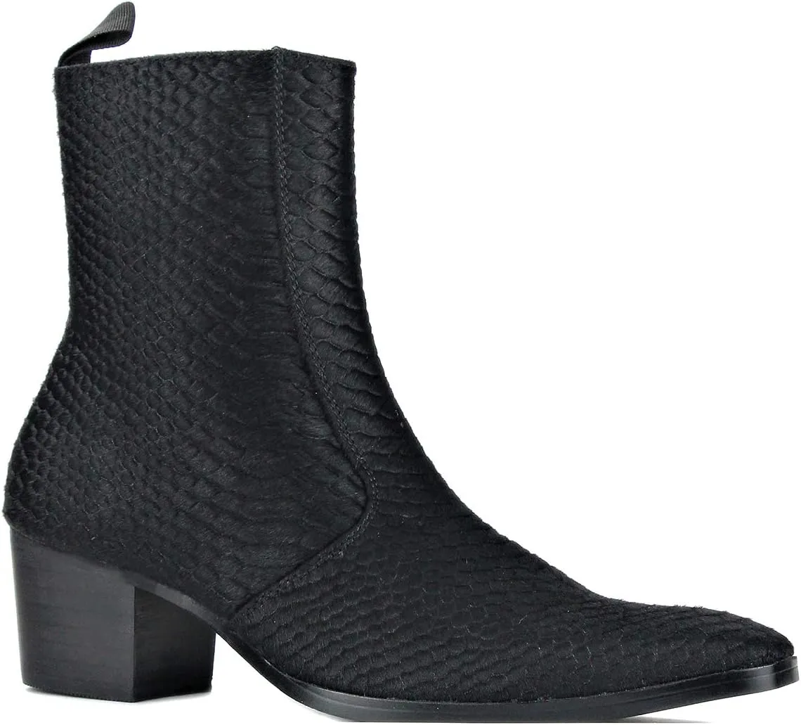 OSSTONE Men Chelsea Ankle Boots Leather Crocodile Print Pony Hair Chukka Boots with Side Zipper Heel Dress Boots JY021-A