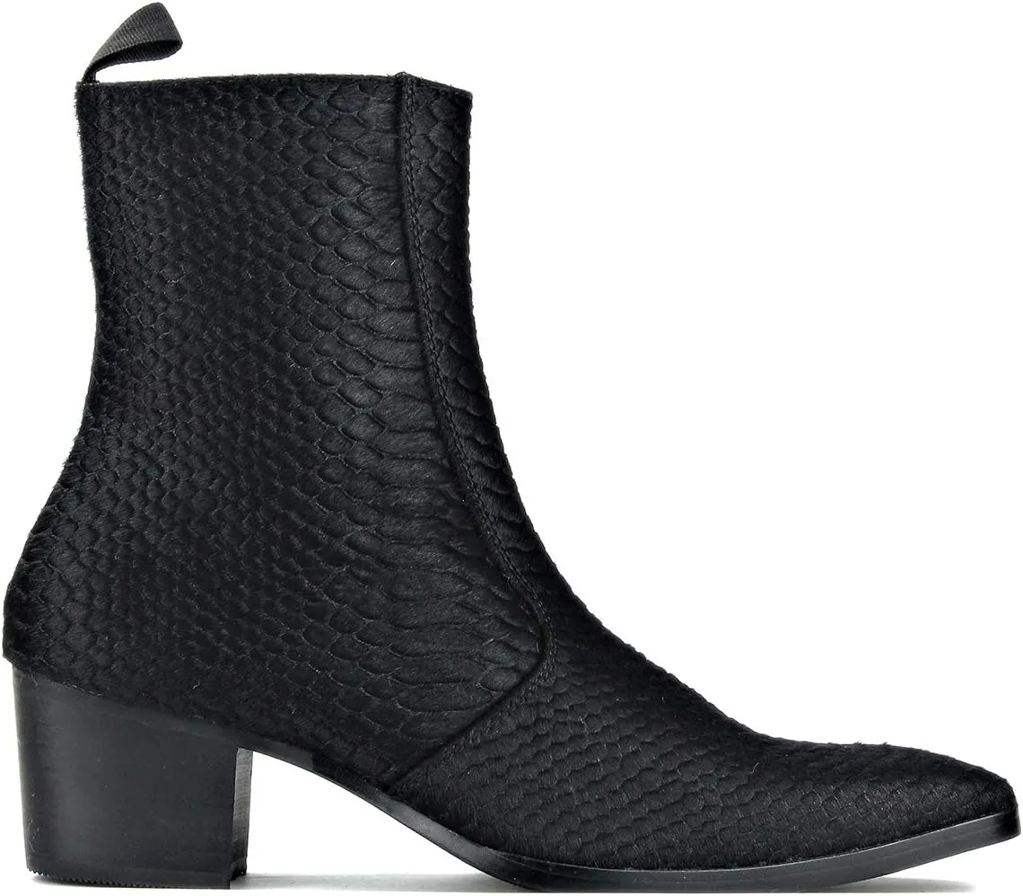 OSSTONE Men Chelsea Ankle Boots Leather Crocodile Print Pony Hair Chukka Boots with Side Zipper Heel Dress Boots JY021-A