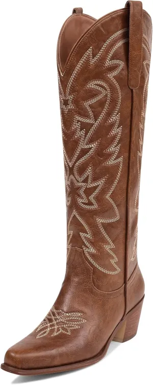 Ouepiano Cowboy Boots for Women Cowgirl Knee High Boots with Classic Embroidered Pull On & Side Zipper Pointed Toe Chunky Heel Vintage Country Western Wide Calf Botas