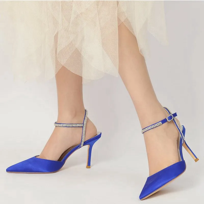 Party Crystal Strap Pointed Toe Satin Stiletto Heels