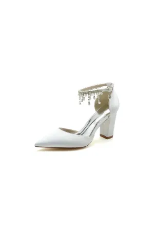 Pearl Beaded Pointed Toe Ankle Strap Chunky Heel