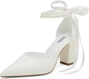 Pearl Wedding Shoes for Bride Block Heel Bridal Shoes Pointed Toe Wedding Heels