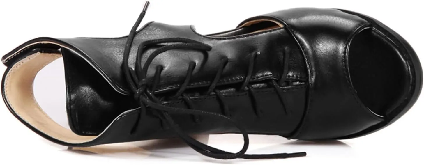 Peep Toe Chunky High Heeled Womens Lace Up Roman Sandals