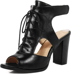 Peep Toe Chunky High Heeled Womens Lace Up Roman Sandals