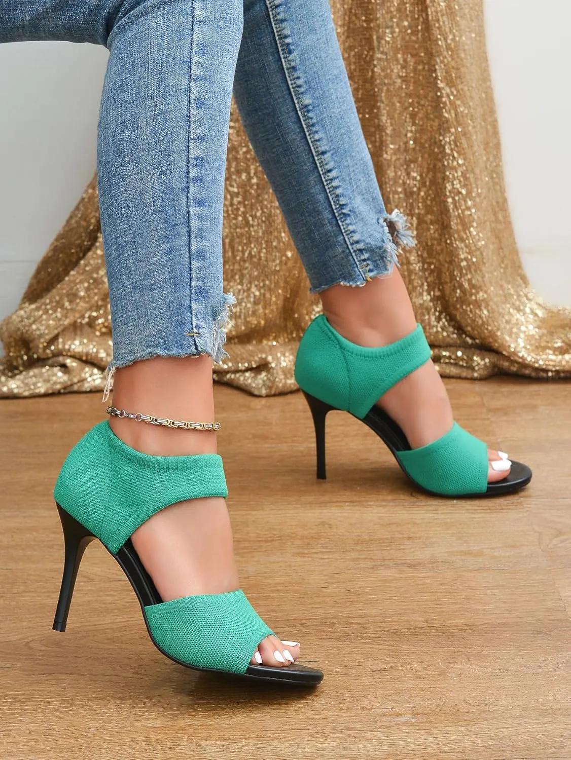Peep Toe Heels for Women Sexy 3 Inches Stiletto High Heels for Women Dressy Slip On Comfortable Wide Stretchy Heels Knit Open Toe Booties Sandals Black Heels Sandals for Prom, Party and Work