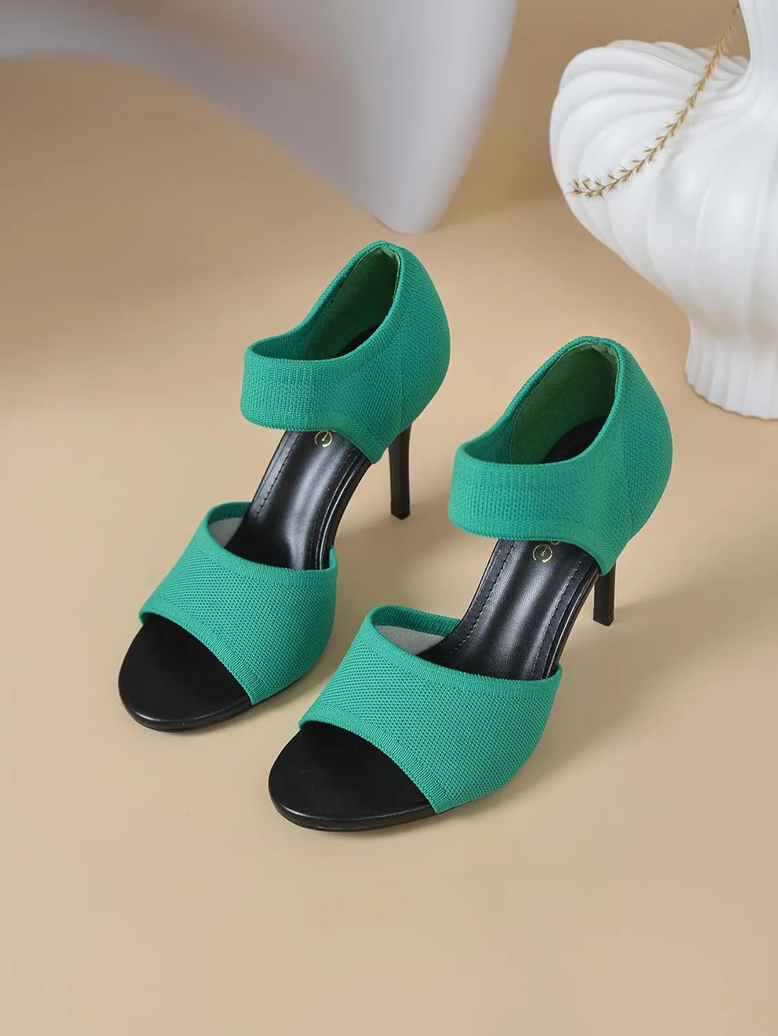 Peep Toe Heels for Women Sexy 3 Inches Stiletto High Heels for Women Dressy Slip On Comfortable Wide Stretchy Heels Knit Open Toe Booties Sandals Black Heels Sandals for Prom, Party and Work
