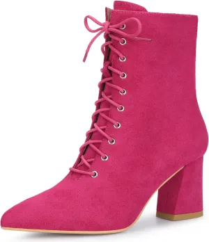 Perphy Lace Up Pointed Toe Chunky Heel Ankle Boots for Women