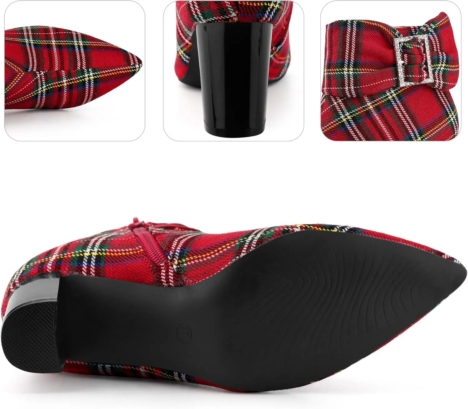 Perphy Plaid Pointy Toe Rhinestone Bow Zipper Chunky Heels Ankle Boots for Women
