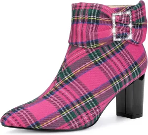 Perphy Plaid Pointy Toe Rhinestone Bow Zipper Chunky Heels Ankle Boots for Women