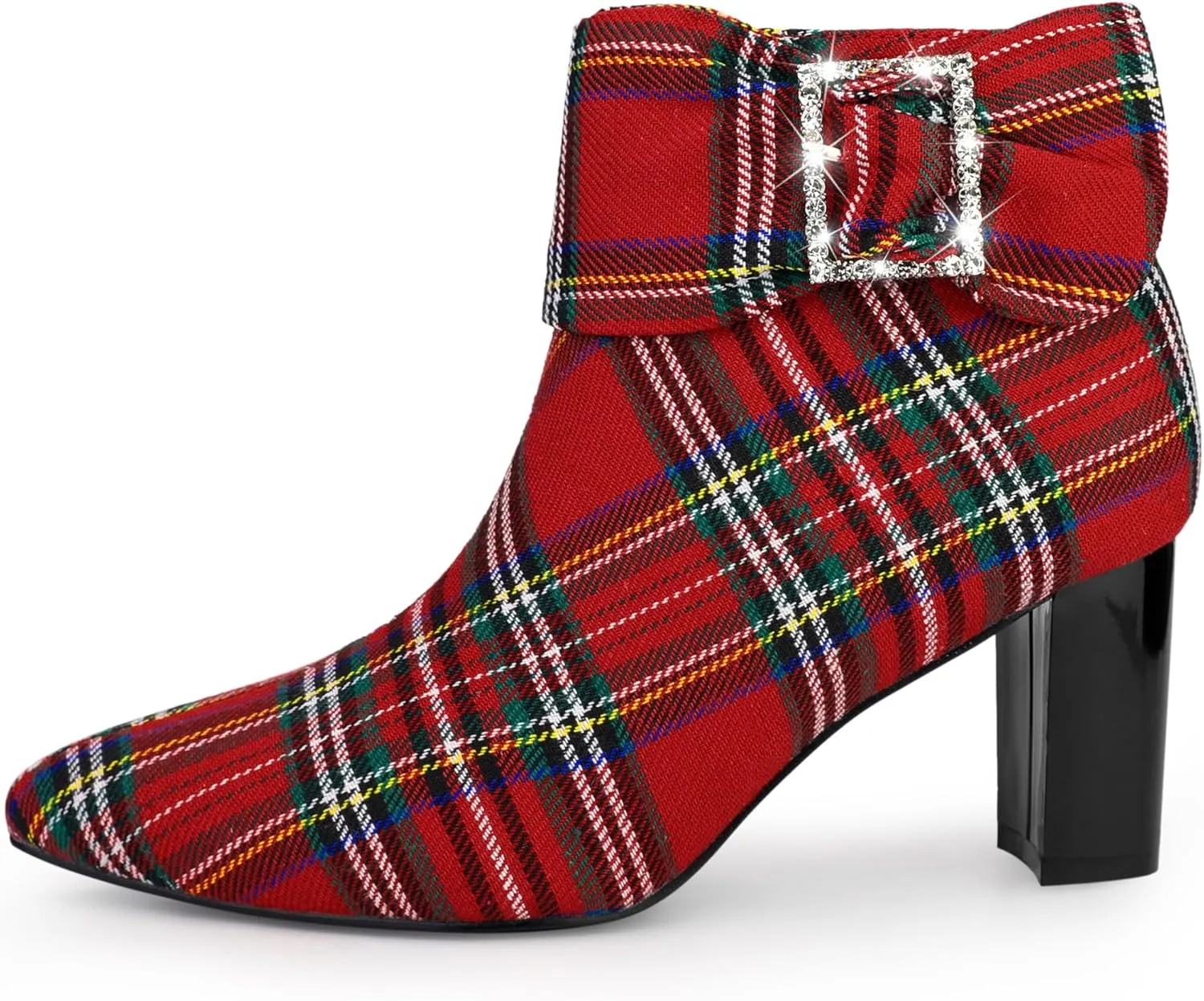 Perphy Plaid Pointy Toe Rhinestone Bow Zipper Chunky Heels Ankle Boots for Women
