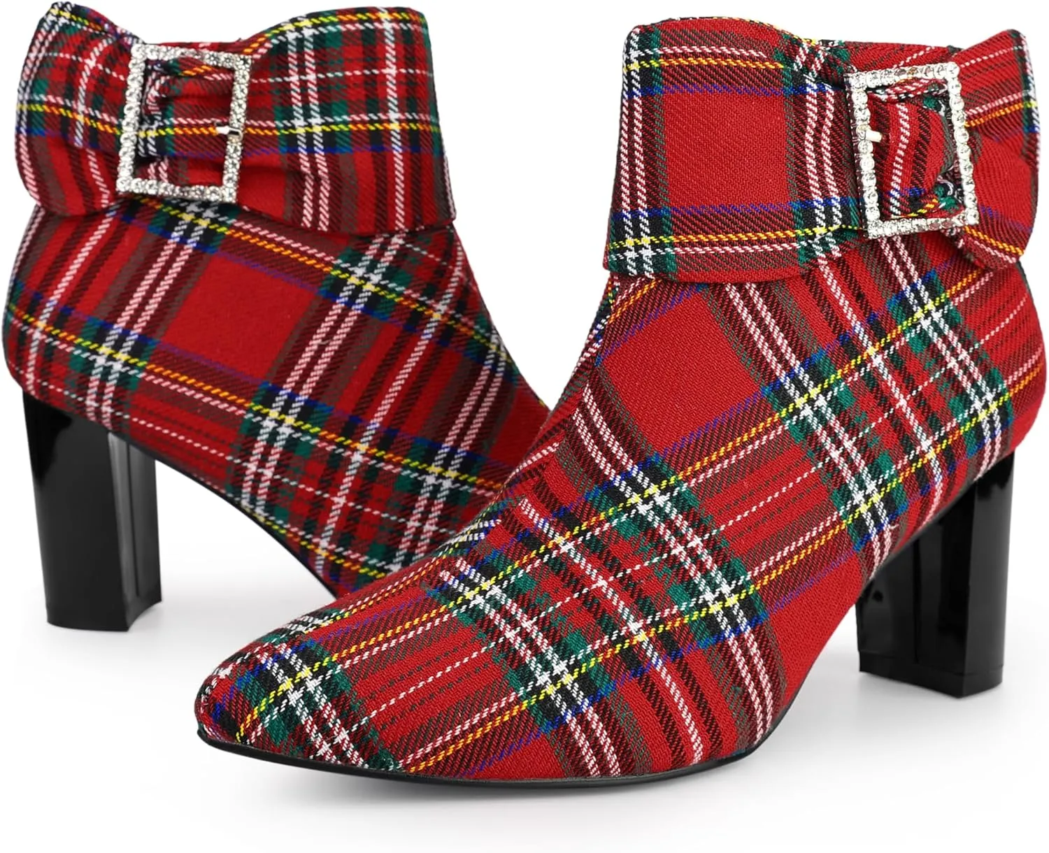 Perphy Plaid Pointy Toe Rhinestone Bow Zipper Chunky Heels Ankle Boots for Women