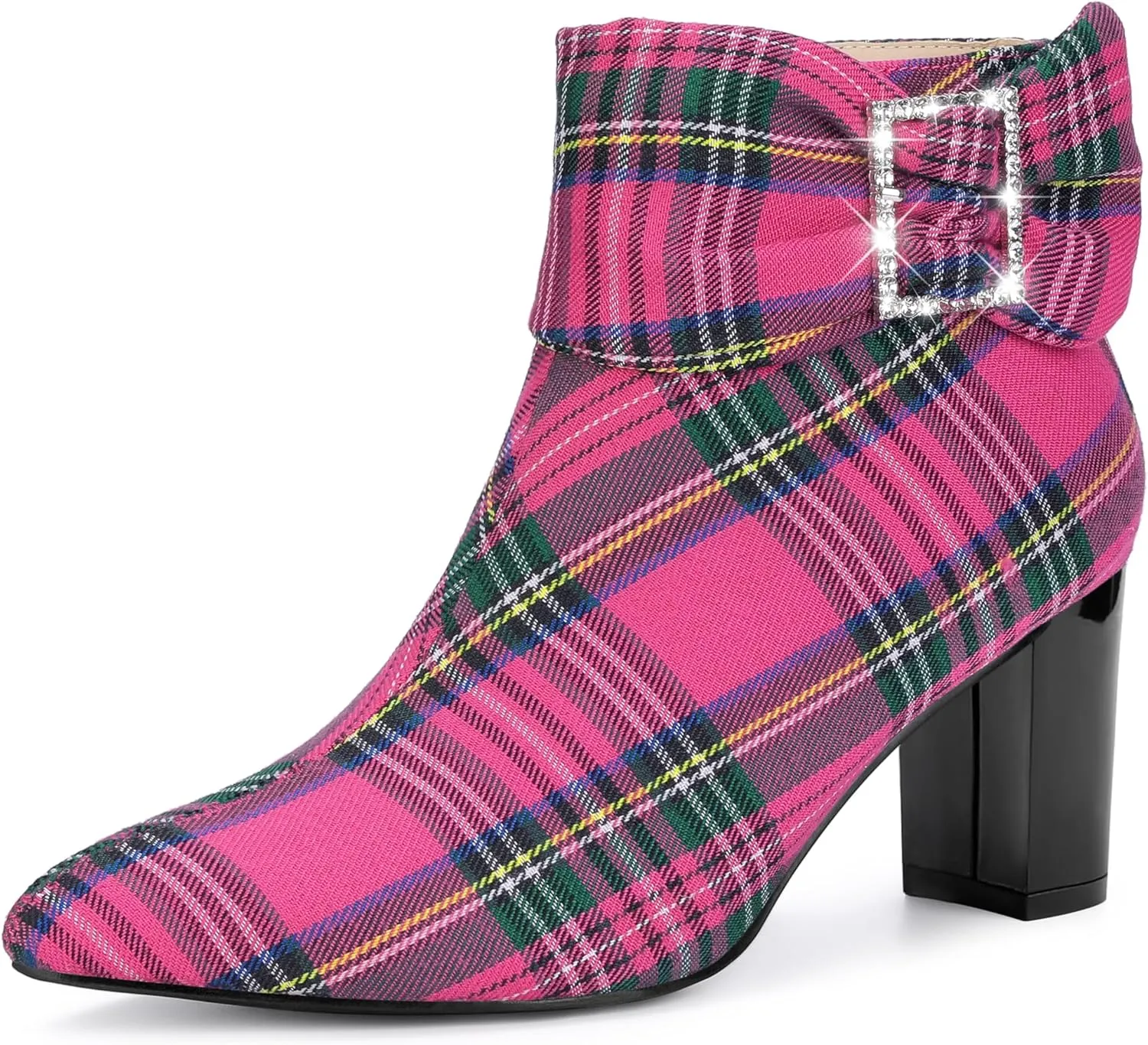 Perphy Plaid Pointy Toe Rhinestone Bow Zipper Chunky Heels Ankle Boots for Women