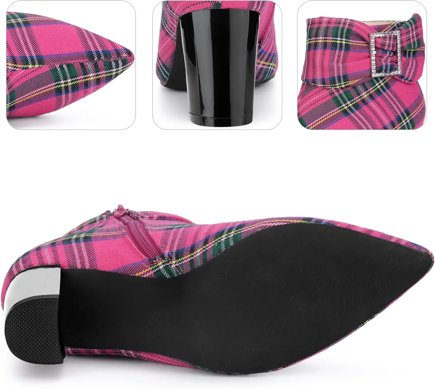 Perphy Plaid Pointy Toe Rhinestone Bow Zipper Chunky Heels Ankle Boots for Women
