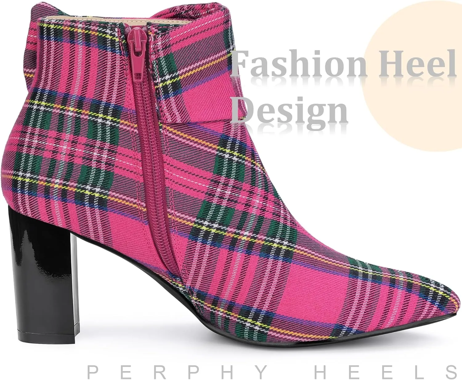 Perphy Plaid Pointy Toe Rhinestone Bow Zipper Chunky Heels Ankle Boots for Women