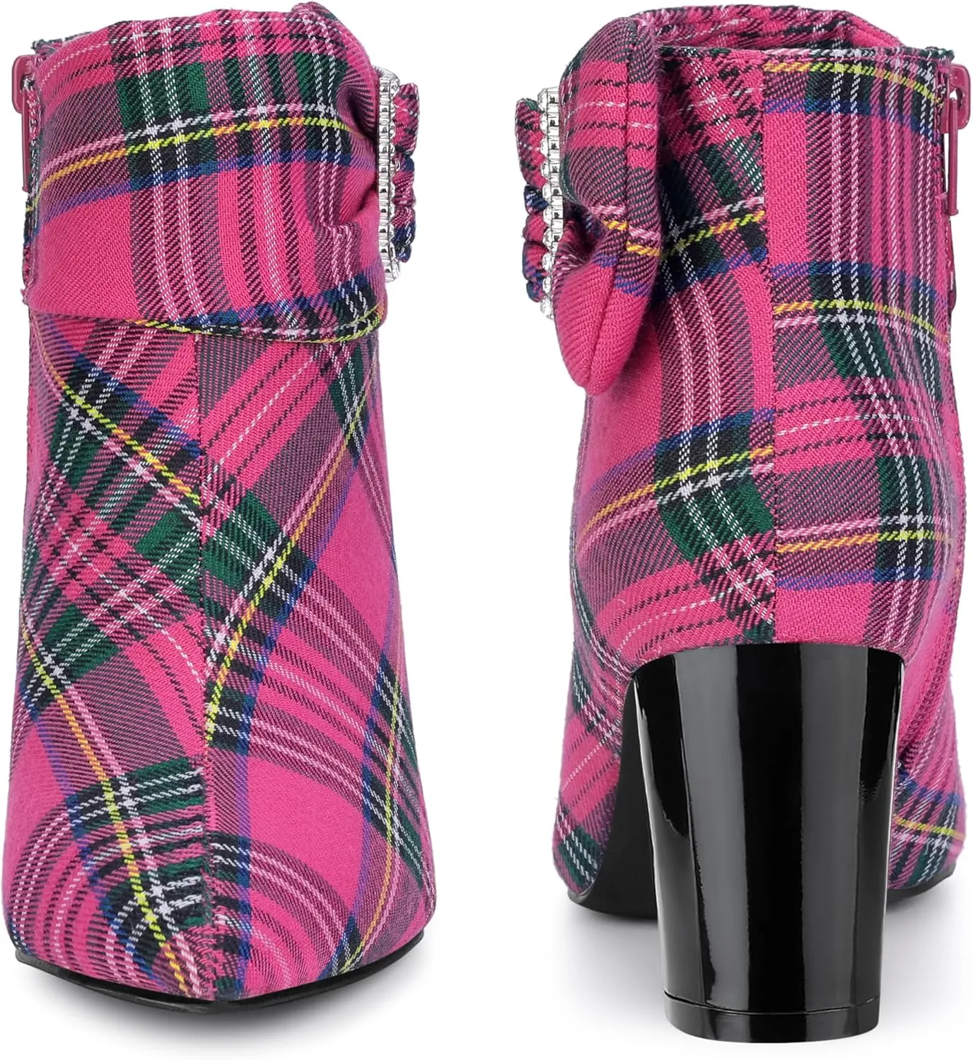 Perphy Plaid Pointy Toe Rhinestone Bow Zipper Chunky Heels Ankle Boots for Women