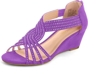 PIZZ ANNU Women's Diana Low Wedge Sandals Sparkly Rhinestone Open Toe Fashion Dress Shoes for Woman Lady in Bridal Dance Evening