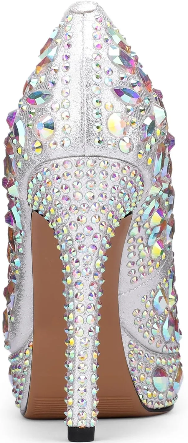 Platform Heels for Women Rhinestone Crystal Stiletto Closed Toe Pumps Comfortable Sexy Dressy Wedding Elegantes Wide Comfortable Tacones 4 Inch High Heels