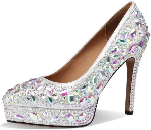 Platform Heels for Women Rhinestone Crystal Stiletto Closed Toe Pumps Comfortable Sexy Dressy Wedding Elegantes Wide Comfortable Tacones 4 Inch High Heels