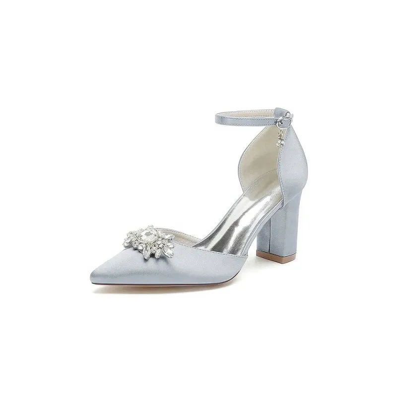 Pointed Toe Ankle Strap Chunky Heel With Rhinestone