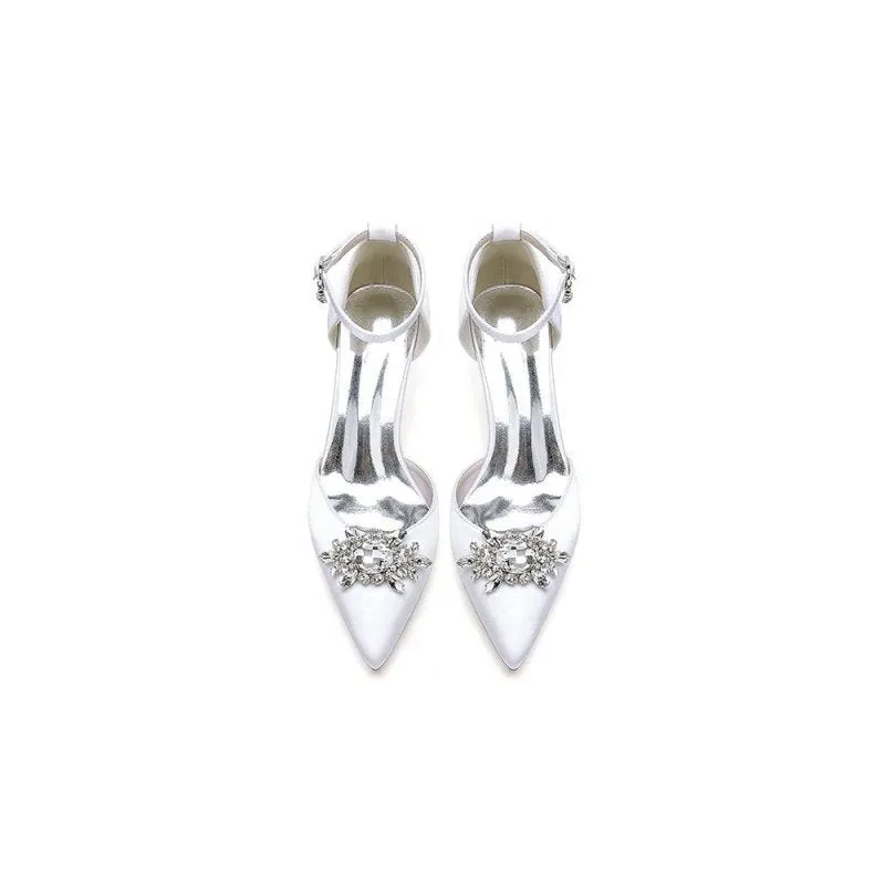Pointed Toe Ankle Strap Chunky Heel With Rhinestone