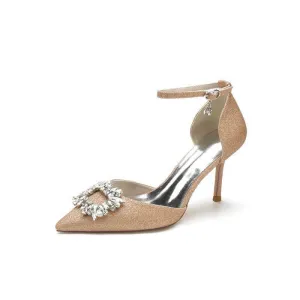 Pointed Toe Ankle Strap Stiletto Heels With Rhinestone