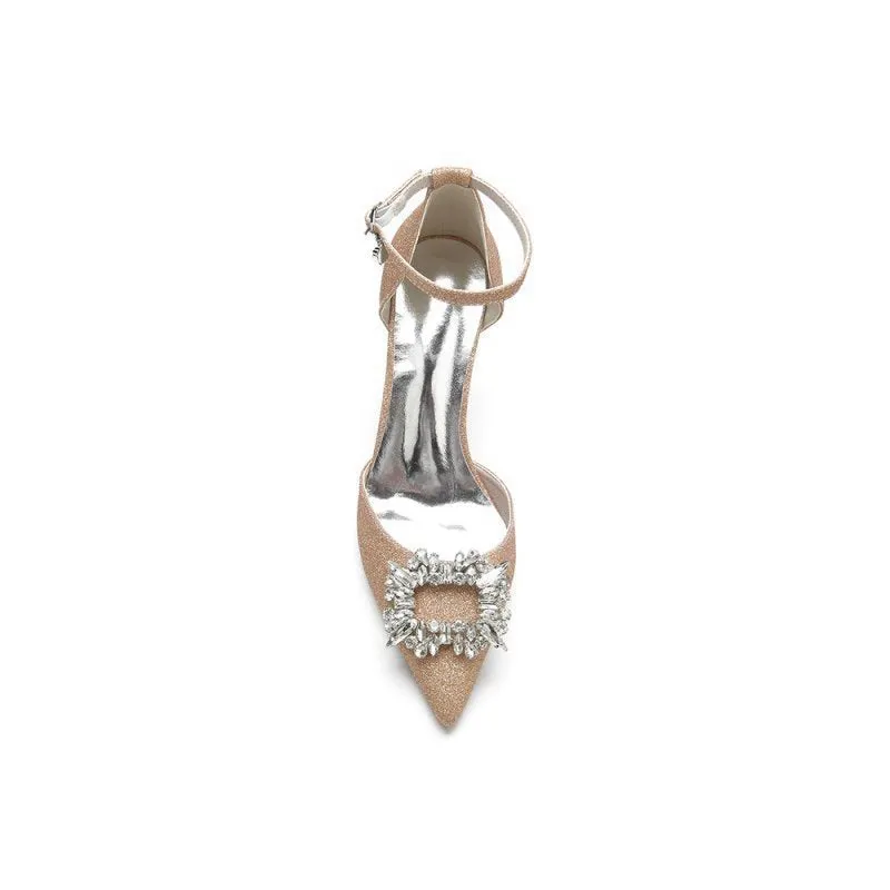 Pointed Toe Ankle Strap Stiletto Heels With Rhinestone