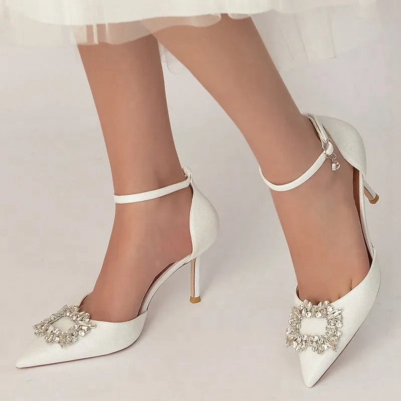 Pointed Toe Ankle Strap Stiletto Heels With Rhinestone