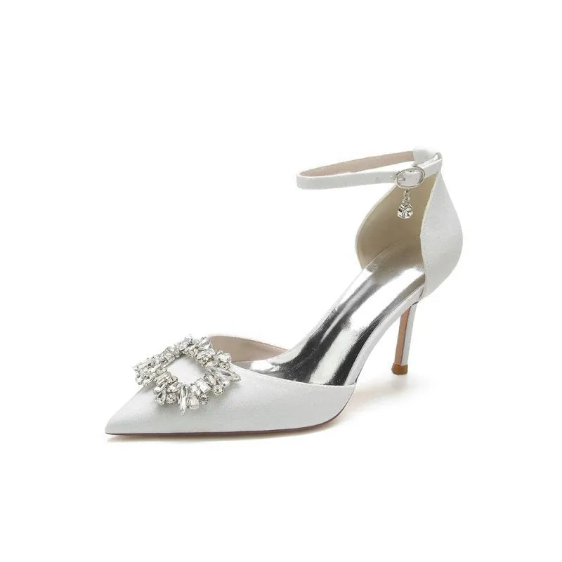 Pointed Toe Ankle Strap Stiletto Heels With Rhinestone