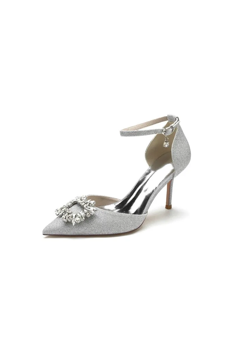 Pointed Toe Ankle Strap Stiletto Heels With Rhinestone