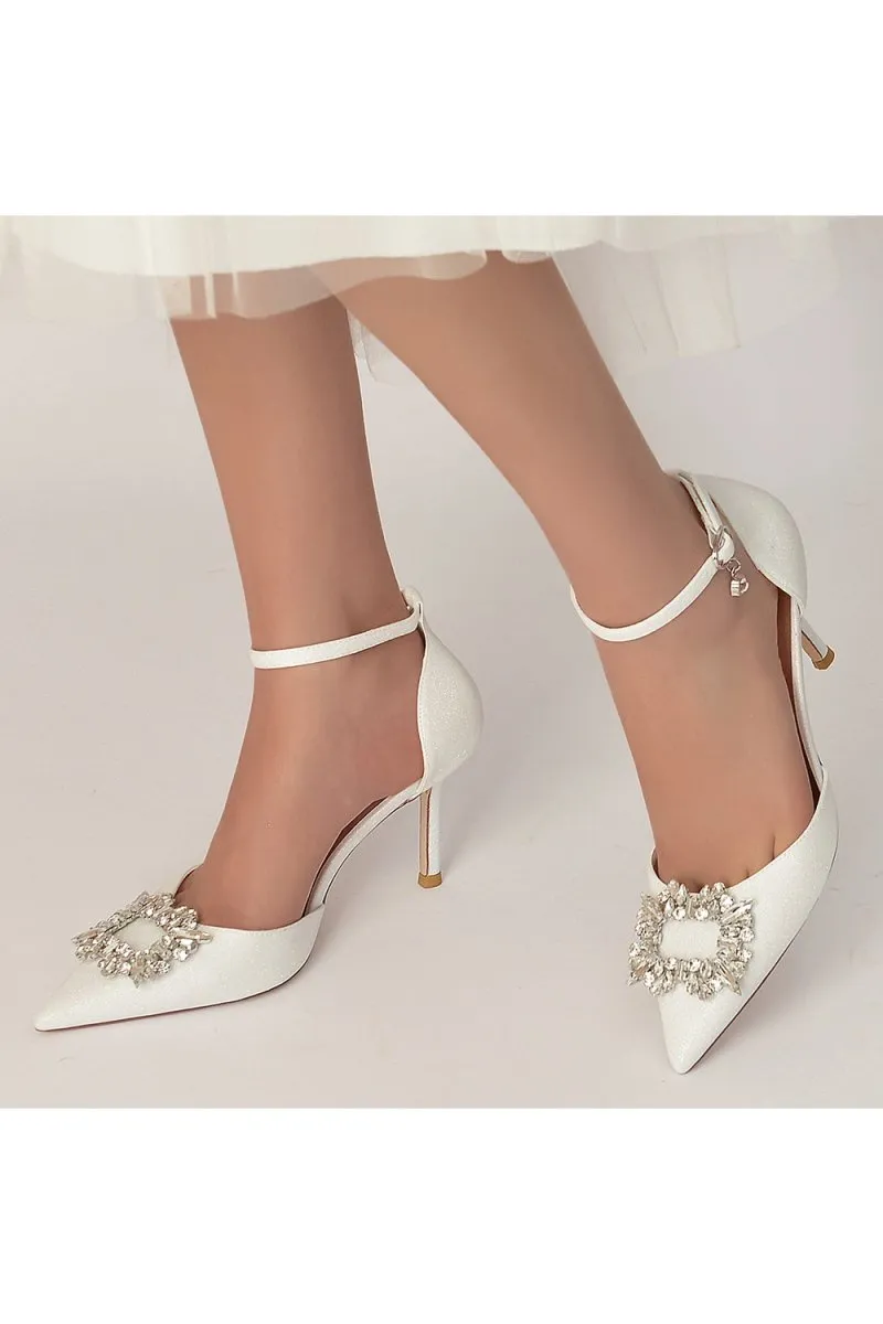 Pointed Toe Ankle Strap Stiletto Heels With Rhinestone