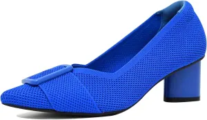Pointed Toe Chunky Heels for Women Closed Toe Block Heels Pumps Buckle Strap Stretchy Knit Heels Comfortable Slip On Pumps Dress Shoes for Work Wedding Daily Wear
