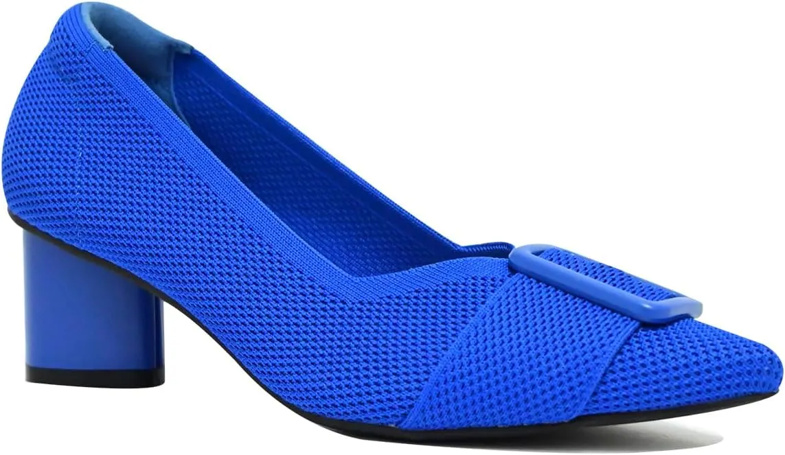 Pointed Toe Chunky Heels for Women Closed Toe Block Heels Pumps Buckle Strap Stretchy Knit Heels Comfortable Slip On Pumps Dress Shoes for Work Wedding Daily Wear