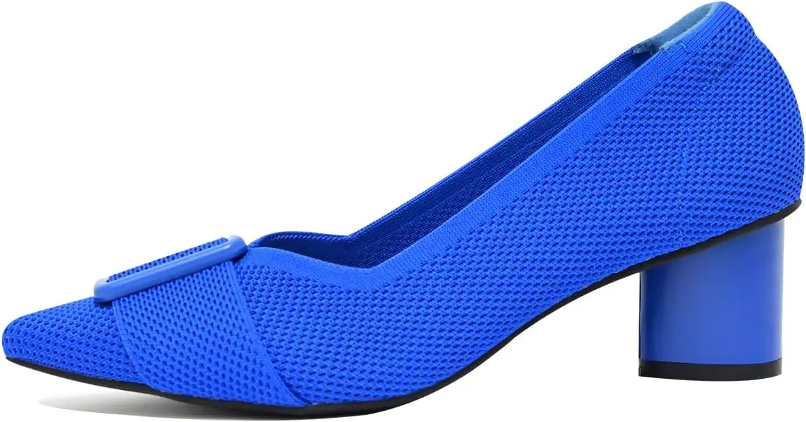 Pointed Toe Chunky Heels for Women Closed Toe Block Heels Pumps Buckle Strap Stretchy Knit Heels Comfortable Slip On Pumps Dress Shoes for Work Wedding Daily Wear