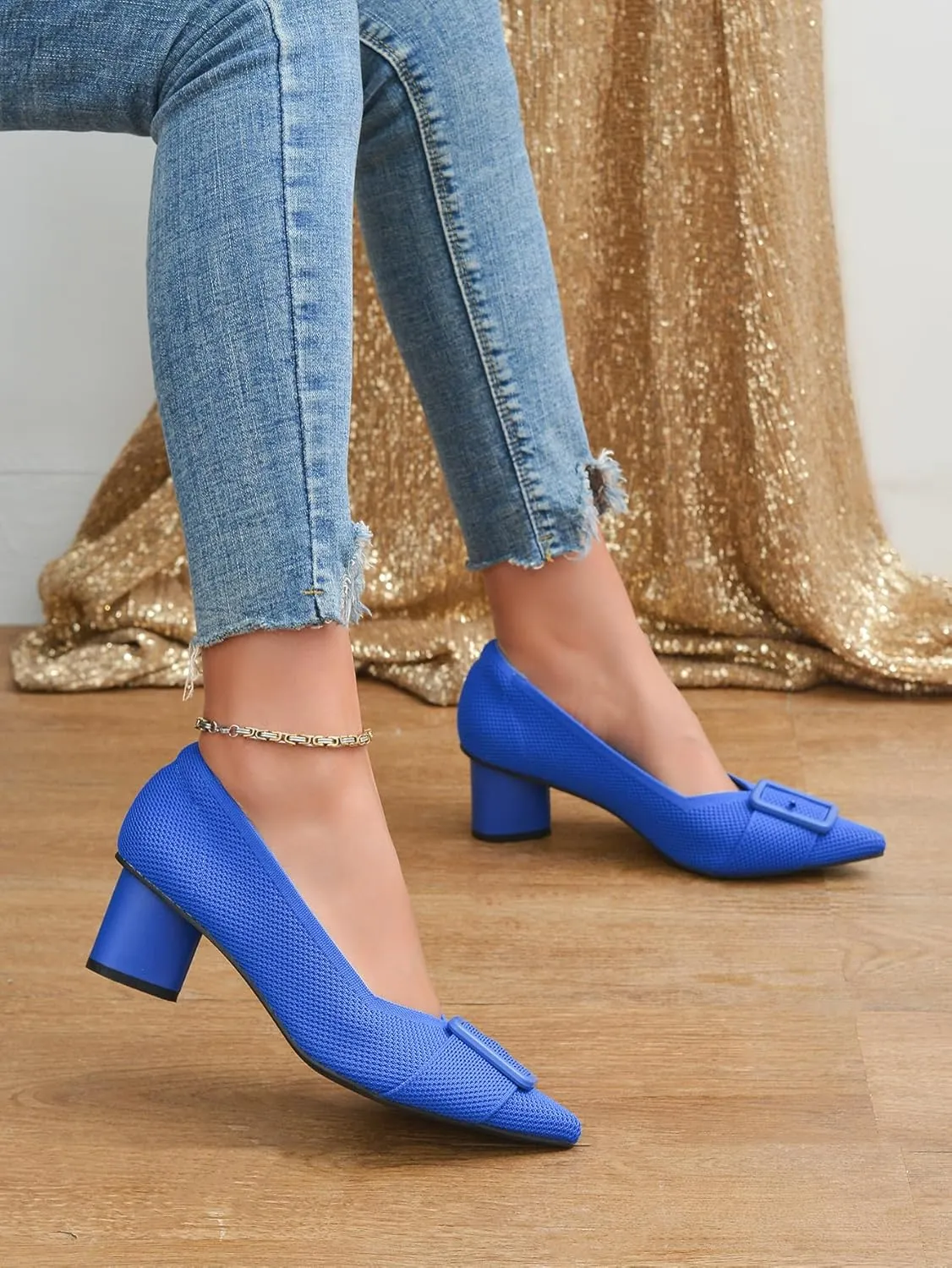 Pointed Toe Chunky Heels for Women Closed Toe Block Heels Pumps Buckle Strap Stretchy Knit Heels Comfortable Slip On Pumps Dress Shoes for Work Wedding Daily Wear