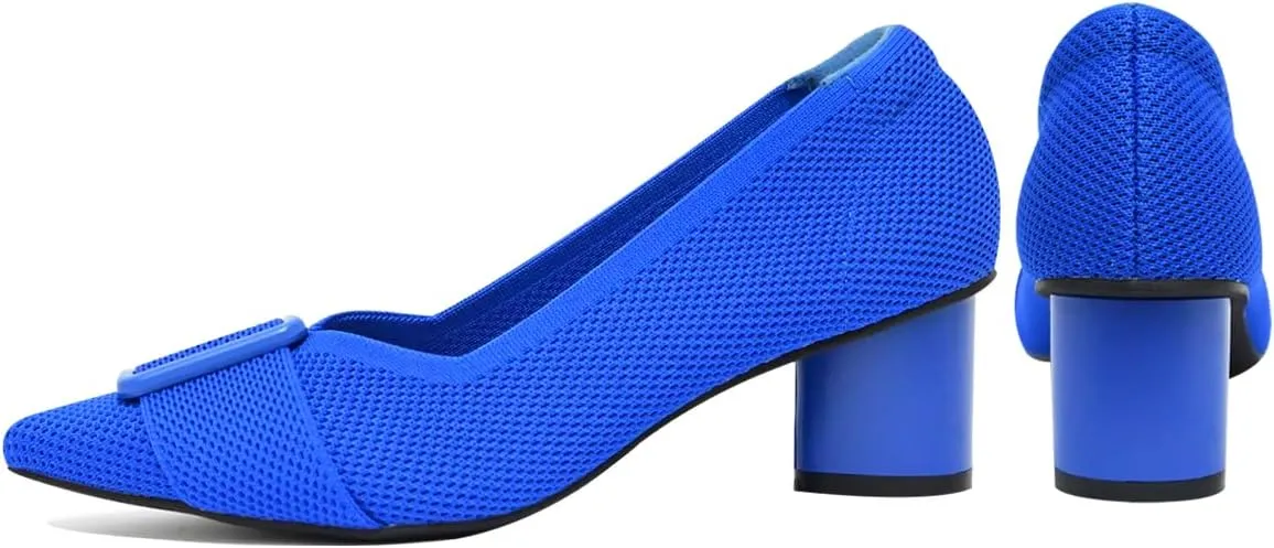 Pointed Toe Chunky Heels for Women Closed Toe Block Heels Pumps Buckle Strap Stretchy Knit Heels Comfortable Slip On Pumps Dress Shoes for Work Wedding Daily Wear