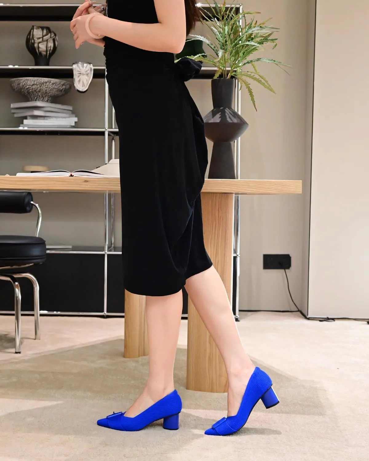 Pointed Toe Chunky Heels for Women Closed Toe Block Heels Pumps Buckle Strap Stretchy Knit Heels Comfortable Slip On Pumps Dress Shoes for Work Wedding Daily Wear