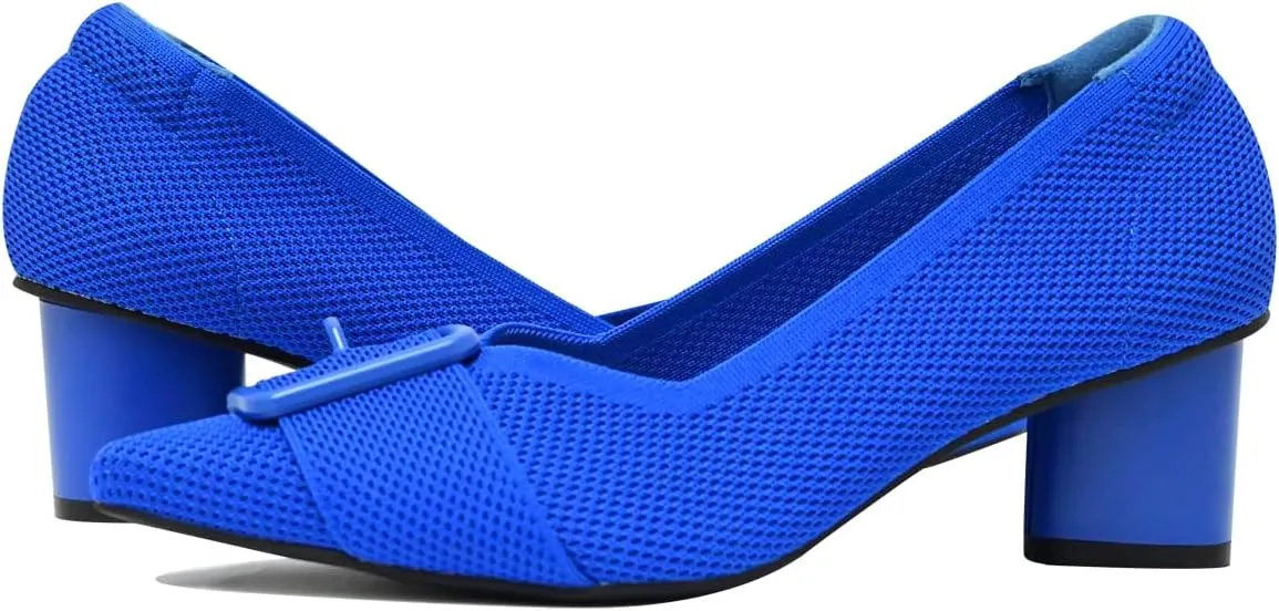 Pointed Toe Chunky Heels for Women Closed Toe Block Heels Pumps Buckle Strap Stretchy Knit Heels Comfortable Slip On Pumps Dress Shoes for Work Wedding Daily Wear