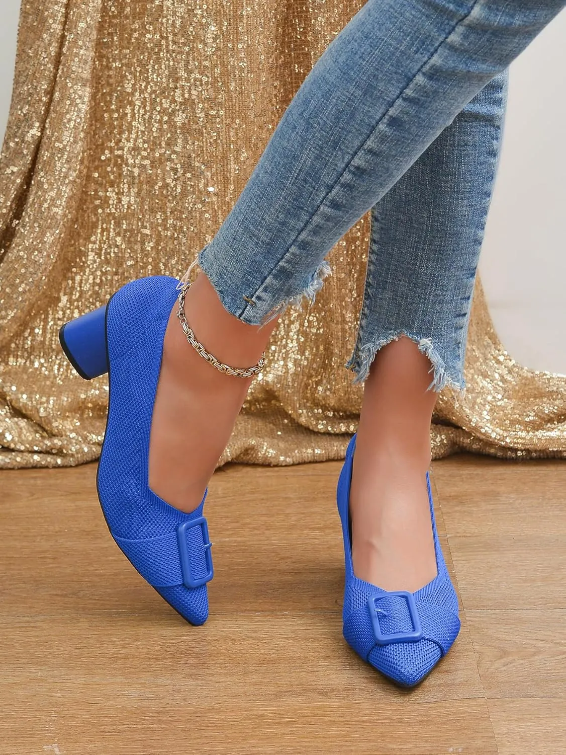 Pointed Toe Chunky Heels for Women Closed Toe Block Heels Pumps Buckle Strap Stretchy Knit Heels Comfortable Slip On Pumps Dress Shoes for Work Wedding Daily Wear