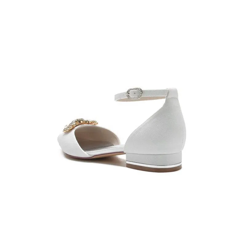 Pointed Toe Glitter Ankle Strap Low Heels With Rhinestone