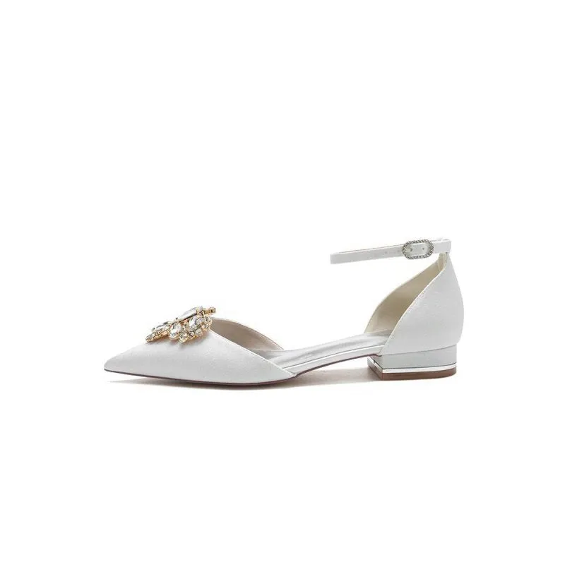 Pointed Toe Glitter Ankle Strap Low Heels With Rhinestone