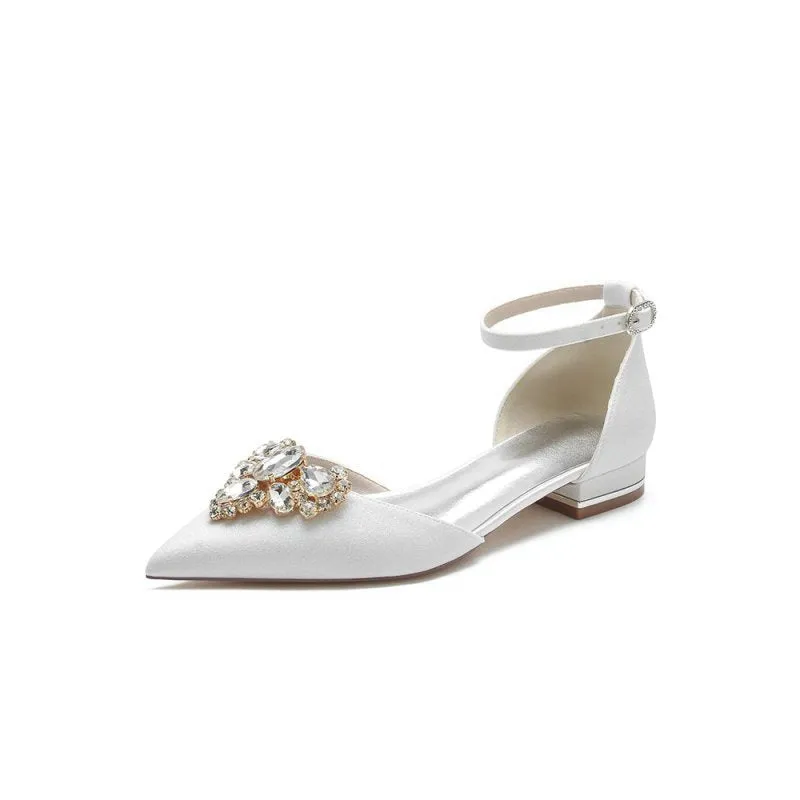Pointed Toe Glitter Ankle Strap Low Heels With Rhinestone