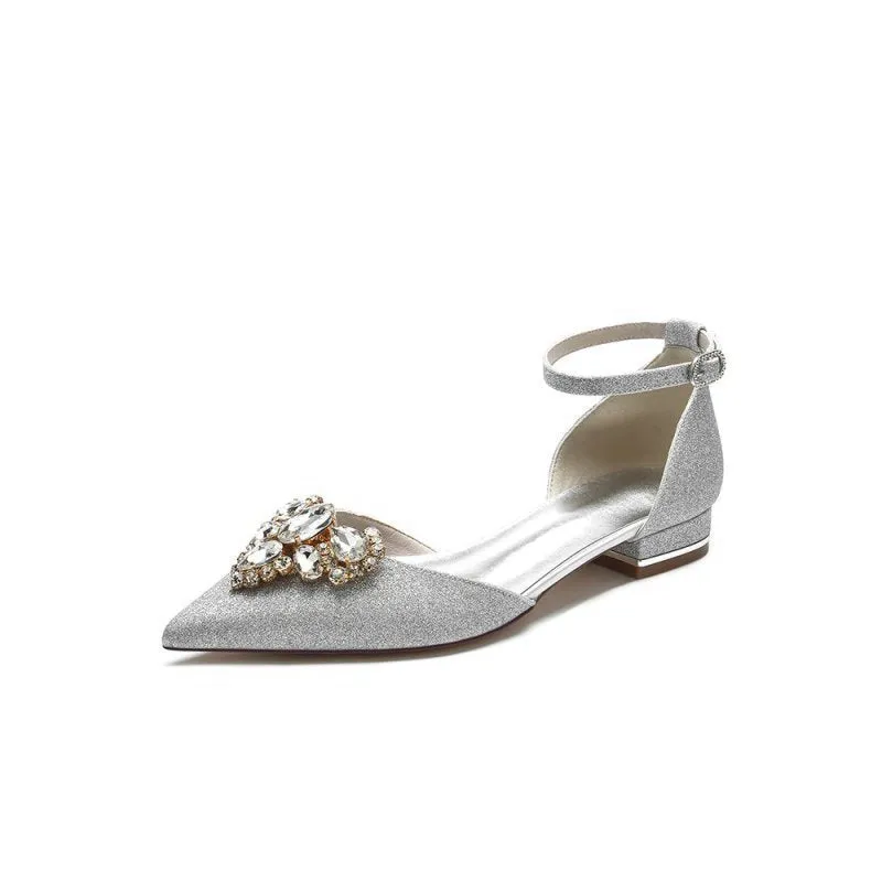 Pointed Toe Glitter Ankle Strap Low Heels With Rhinestone