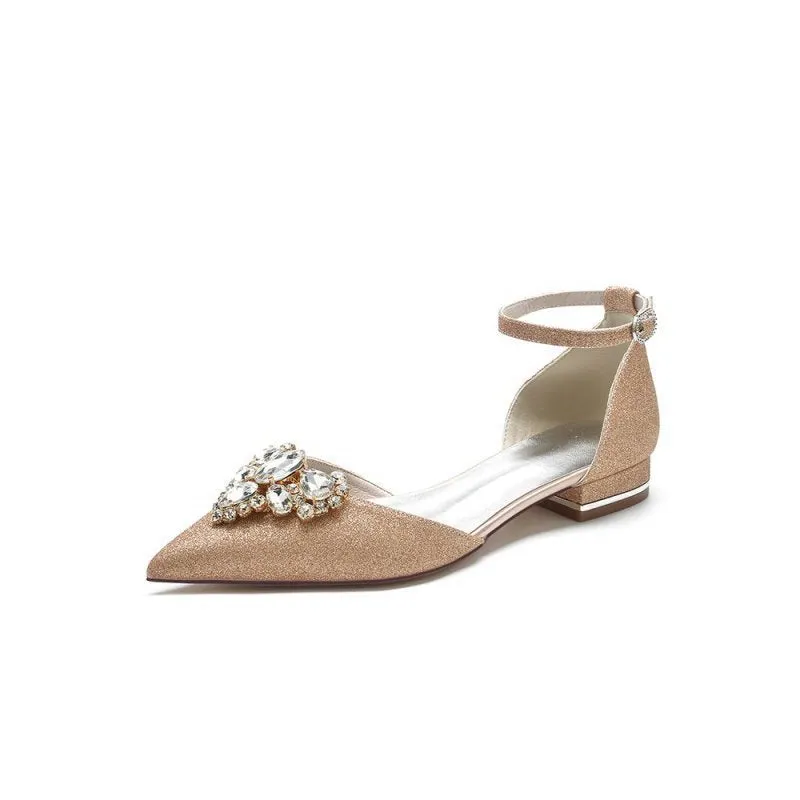 Pointed Toe Glitter Ankle Strap Low Heels With Rhinestone