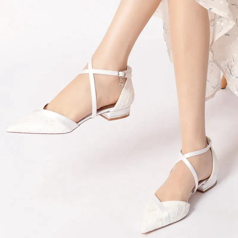 Pointed Toe Lace Ankle Strap Kitten Heels