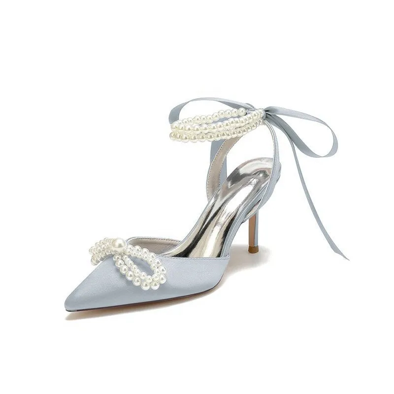 Pointed Toe Pearl Strap with Ribbon Tie