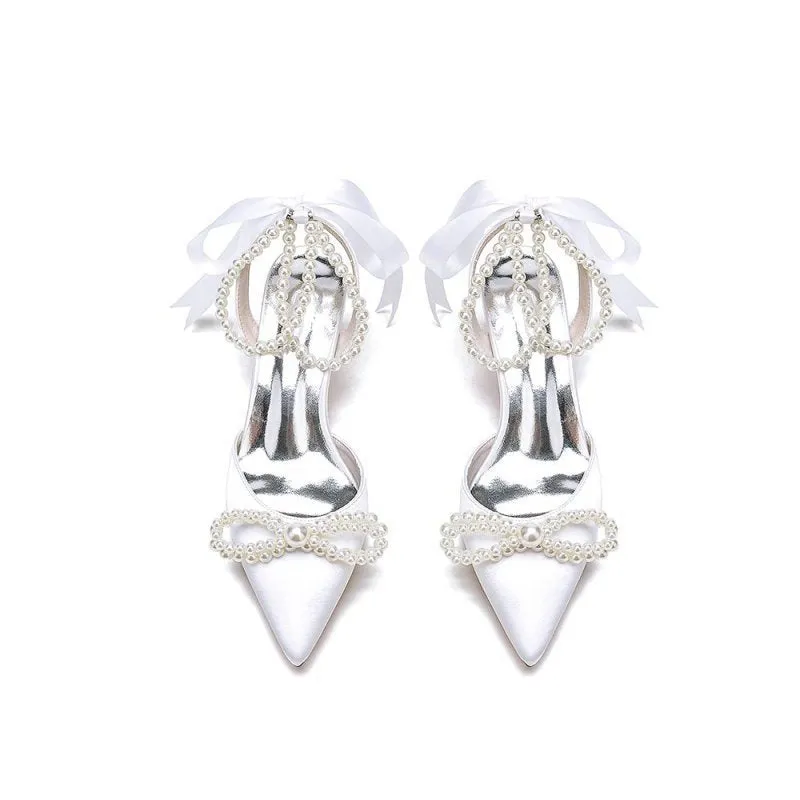 Pointed Toe Pearl Strap with Ribbon Tie