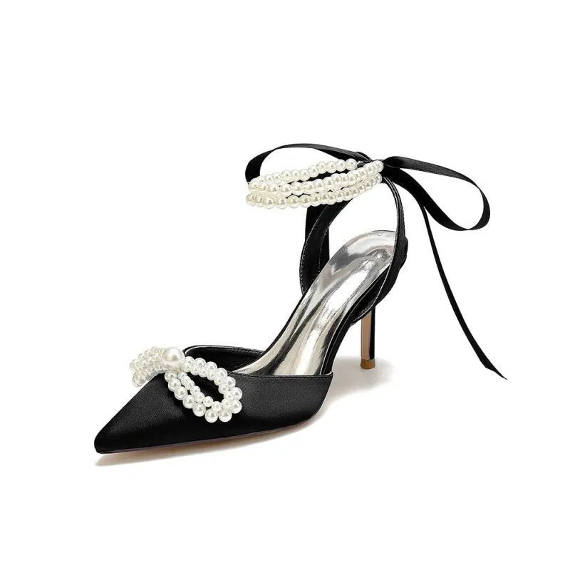 Pointed Toe Pearl Strap with Ribbon Tie